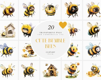 Watercolor Cartoon Bumble Bee Clipart, Cute Flying Honey Bees, Bee Keeping, Honey Lovers, Spring, Transparent PNG Graphics, Commercial Use