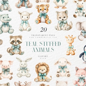 May include: Watercolor clipart pack featuring 20 transparent PNGs of teal-bowed stuffed animals. Includes a variety of animals such as a tiger, fox, giraffe, and penguin. Text reads "TEAL STUFFED ANIMALS" and "CLIPART PACK".