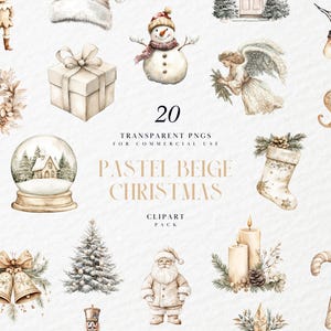 Clipart de Natal bege pastel aquarela, elementos, elfo papai noel, árvore, quebra-nozes, floco de neve, presente, meia, PNG transparente, uso comercial