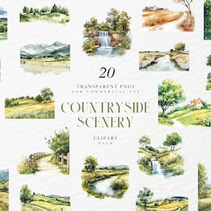 Clipart aquarelle de paysage de campagne, paysage rural pittoresque, terrain plat vert ouvert, collines, étang, PNG Transparent, usage Commercial