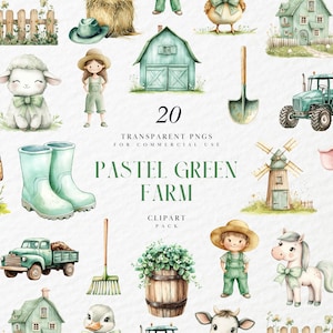 Clipart di fattoria verde pastello ad acquerello, ragazzo e animali dei cartoni animati, baby shower in fattoria, stampe per la cameretta dei bambini, grafica PNG trasparente, uso commerciale