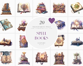 Imágenes prediseñadas de libro de hechizos de acuarela, imágenes prediseñadas de libros de hechizos de fantasía, imágenes prediseñadas de libro de hechizos mágico encantado, arte gráfico PNG transparente, uso comercial