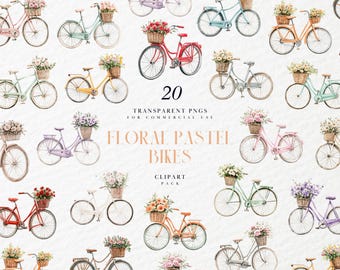 Watercolor Floral Pastel Bikes Clipart, Romantic Spring Bicycle with Bouquet, Vintage Wedding Ride Element, Transparent PNG, Commercial Use