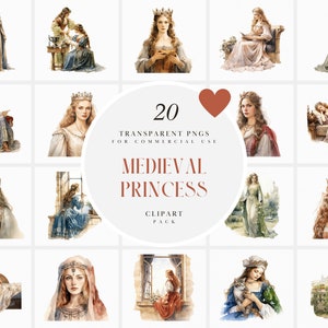 Clipart principessa medievale ad acquerello, principessa reale europea, vintage, erede al trono, grafica PNG trasparente, uso commerciale