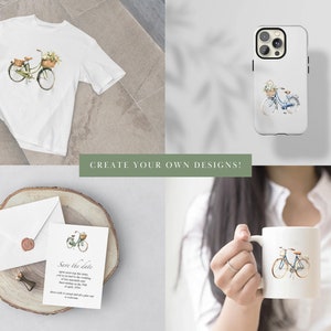 Pode incluir: Uma ilustra&ccedil;&atilde;o em aquarela de uma bicicleta verde com uma cesta de flores. A ilustra&ccedil;&atilde;o &eacute; impressa em uma camiseta branca, uma capa de telefone, uma caneca e um cart&atilde;o de salvar a data.