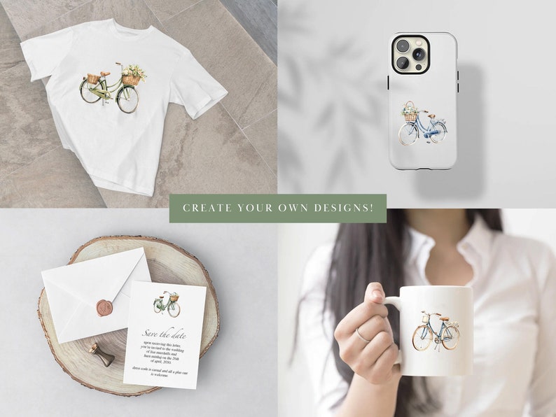 Pode incluir: Uma ilustra&ccedil;&atilde;o em aquarela de uma bicicleta verde com uma cesta de flores. A ilustra&ccedil;&atilde;o &eacute; impressa em uma camiseta branca, uma capa de telefone, uma caneca e um cart&atilde;o de salvar a data.