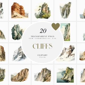 Może przedstawiać: Zestaw 20 akwarelowych ilustracji klifów, przedstawiających różne formacje skalne, wodospady i zieleń. Ilustracje idealnie nadają się do dodania odrobiny natury do Twoich projektów.