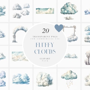 Clipart de nuvens fofas em aquarela, clipart de nuvens brancas realistas, clipart de nuvem de chuva de conto de fadas, gráfico fofo de berçário, PNG para uso comercial