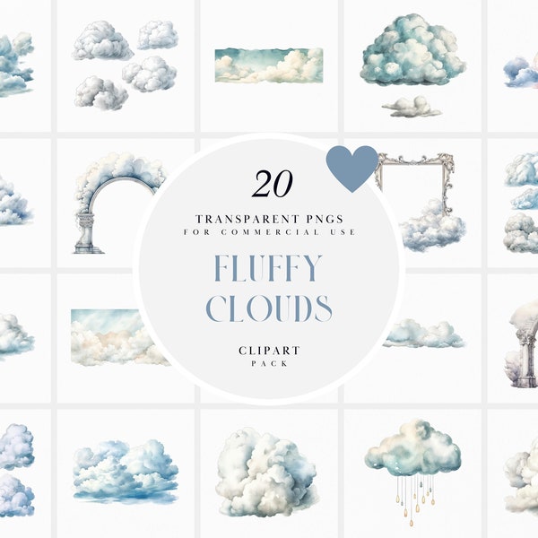 Watercolor Fluffy Clouds Clipart, Realistic White Clouds Clipart, Fairytale Rain Cloud Clipart, Cute Nursery Graphic, PNG for Commercial Use