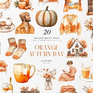 Clipart de un acogedor día de otoño en acuarela, naranja neutro, saludos otoñales, floral, pegatina digital, gráfico PNG transparente, uso comercial