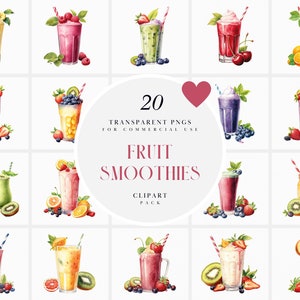 Clipart di frullato di frutta ad acquerello, clipart di frullato di colazione sana, clipart di frullati rinfrescanti, grafica PNG trasparente, uso commerciale