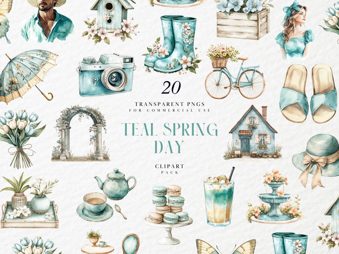 Watercolor Cozy Spring Day Clipart, Teal Themed Neutral Hello ...