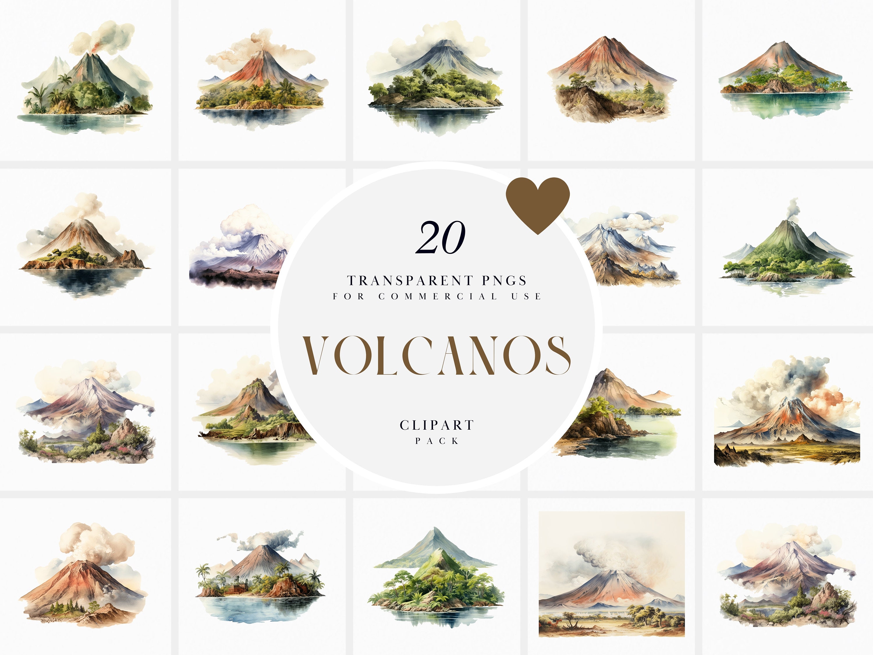 Watercolor Volcano Clipart, Dormant Volcanoes Clipart, Active Volcanos Clipart, Big Volcanic Island Clipart, Transparent PNG, Commercial Use
