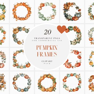 May include: A set of 20 watercolor pumpkin frames in various colors and styles. The frames are perfect for adding a touch of fall to your designs.