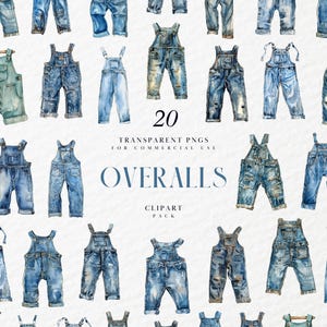 Clipart aquarelle salopette, salopette, bretelles, denim bleu, jeans, mode casual, vie à la ferme, graphiques PNG transparents, usage commercial