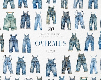 May include: Watercolor illustration of 20 denim overalls in various styles and washes. The image includes a variety of blue hues, from light to dark, with distressed and classic designs. Text reads "OVERALLS" and "20 TRANSPARENT PNGS FOR COMMERCIAL USE".