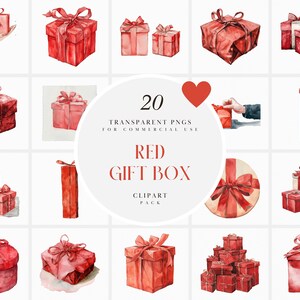 Könnte beinhalten: Ein Set mit 20 Aquarell-Illustrationen von roten Geschenkboxen mit Schleifen. Die Illustrationen sind im Clipartstil gehalten und perfekt, um Ihren Designs eine festliche Note zu verleihen.