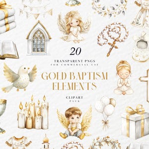 Aquarelle or baptême éléments Clipart, symboles religieux de baptême, colombe, chapelet, ange, bénédiction de bébé, PNG transparent, usage commercial
