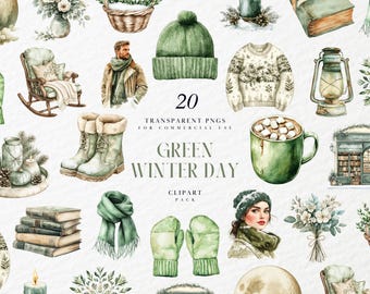 Puede incluir: Paquete de imágenes prediseñadas de acuarela titulado "Green Winter Day" con varias ilustraciones de temática invernal. Incluye un gorro verde, un suéter, botas, mitones, una bufanda y una taza de chocolate caliente. La imagen también contiene el texto "20 PNG transparentes para uso comercial".