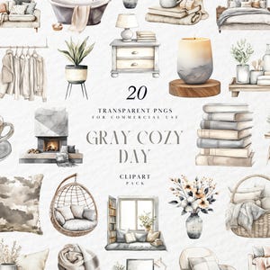 Clipart acquerello grigio accogliente, elementi di uno stile di vita pigro al chiuso, estetica per la cura di sé con pigiama e libri, PNG trasparente, uso commerciale