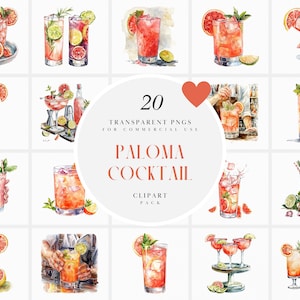 Clipart di cocktail Paloma ad acquerello, bevanda alcolica tropicale, menu del bar per matrimoni, cocktail ghiacciati, grafica PNG trasparente, uso commerciale