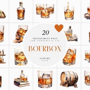 Op de afbeelding: Een set van 20 aquarel illustraties van bourbon whiskey flessen, glazen en vaten. De illustraties zijn in vintage stijl en perfect voor gebruik in digitale of gedrukte projecten.
