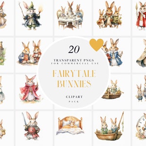 Watercolor Fairytale Bunny Clipart, Fantasy Bunnies Clipart, Cute Pet Rabbit Rabbits Clipart, Instant Download PNG Format For Commercial Use