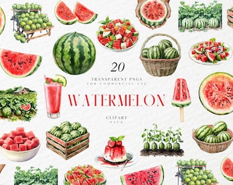 Watercolor Watermelon Clipart, Refreshing Watermelons Clipart, Summer Fruit Clipart, Sliced Watermelon Slice, PNG Format For Commercial Use