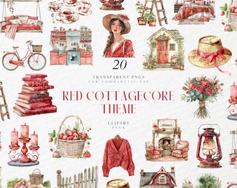 Watercolor Red Cottagecore Theme Clipart, Rustic Kitchen Decor, Fruit Basket, Floral Accents Set, Transparent PNG Graphics, Commercial Use