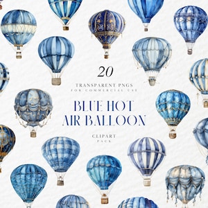 Aquarel blauwe heteluchtballon clipart, blauwe heteluchtballonnen clipart, zwevend, luchtschip, vliegtuig, transparante png-afbeelding, commercieel gebruik