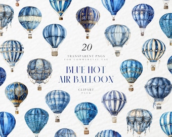 Watercolor Blue Hot Air Balloon Clipart, Blue Hot Air Balloons Clipart, Floating, Airship, Aircraft, Transparent PNG Graphic, Commercial Use