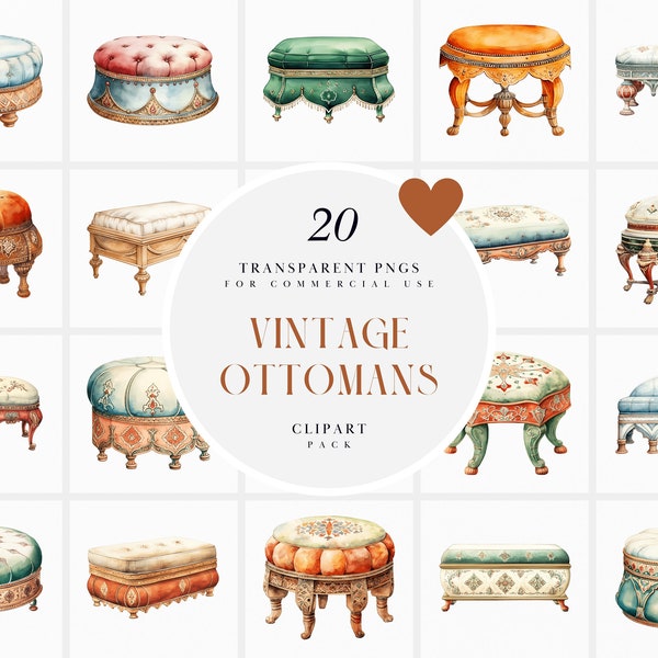 Watercolor Ottoman Cushion Clipart, Ottoman Storage Footstool Clipart, Ottoman Seat Stool Clipart, Transparent PNG Graphics, Commercial Use