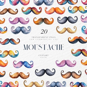 Watercolor Moustache Clipart, Cartoon Illustration, Facial Hair, Mens Prop Design, Grandpa, Father, Transparent PNG Graphics, Commercial Use
