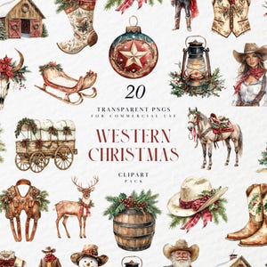Clipart Noël western aquarelle, cow-boy père Noël, scène de vacances rustique Far West, Noël à la campagne, graphiques PNG transparents, usage Commercial
