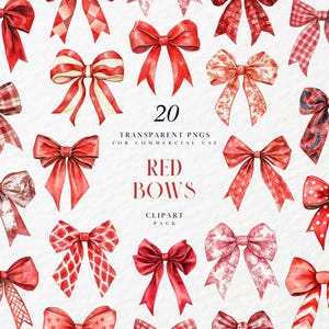 Watercolor Red Bow Clipart, Red Hair Bows Clipart, Red Ribbon Clipart, Xmas Christmas Gift Wrapping Clipart, Transparent PNG, Commercial Use