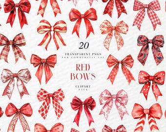 Watercolor Red Bow Clipart, Red Hair Bows Clipart, Red Ribbon Clipart, Xmas Christmas Gift Wrapping Clipart, Transparent PNG, Commercial Use
