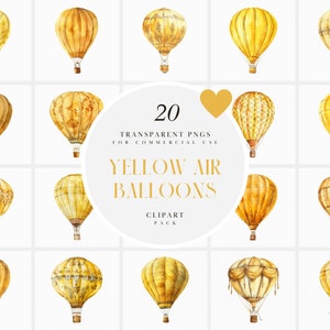 Clipart de balão de ar quente amarelo aquarela, clipart de balões de ar quente amarelos, flutuante, dirigível, aeronave, PNG transparente, uso comercial