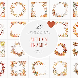 Clipart cornice autunnale ad acquerello, cornici foglie autunnali, arrotondate, quadrate, rettangolari, clipart cornice foto, PNG trasparente, uso commerciale
