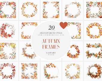 Watercolor Autumn Frame Clipart, Autumn Leaves Frames, Rounded, Squared, Rectangular, Photo Frame Clipart, Transparent PNG, Commercial Use