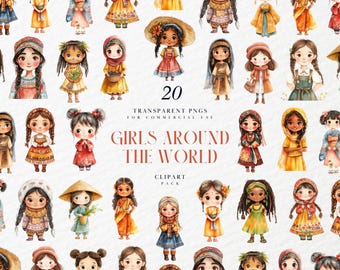 Watercolor Girls Around The World Clipart, Multicultural Outfits, Classroom Poster Decor & Planner, Transparent PNG Graphics, Commercial Use