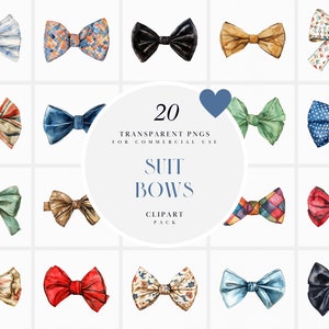 May include: A set of 20 watercolour illustrations of bow ties in various colours and patterns. The text "20 TRANSPARENT PNGS FOR COMMERCIAL USE SUIT BOWS CLIPART PACK" is in the centre of the image.