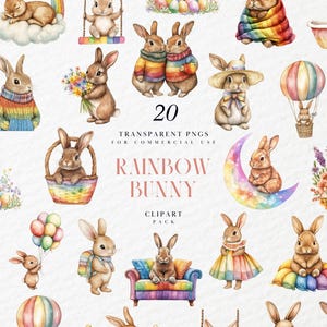 Clipart lapin arc-en-ciel aquarelle, joli lapin de Pâques, décoration de baby shower, animal adorable, album, graphique PNG transparent, usage Commercial