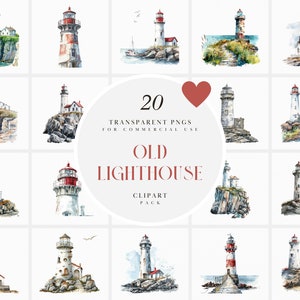 Aquarelle vieux phare Clipart, maritime, rustique, nautique, bord de mer, côtier, Atlantique, océan, falaise, PNG Transparent, usage Commercial