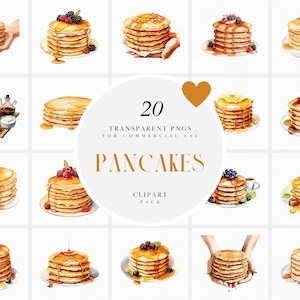 Watercolor Fluffy Pancake Clipart, Breakfast Pancakes Clipart, Pancake with Honey Berries Clipart, Transparent PNG Graphics, Commercial Use