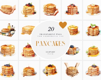 Watercolor Fluffy Pancake Clipart, Breakfast Pancakes Clipart, Pancake with Honey Berries Clipart, Transparent PNG Graphics, Commercial Use