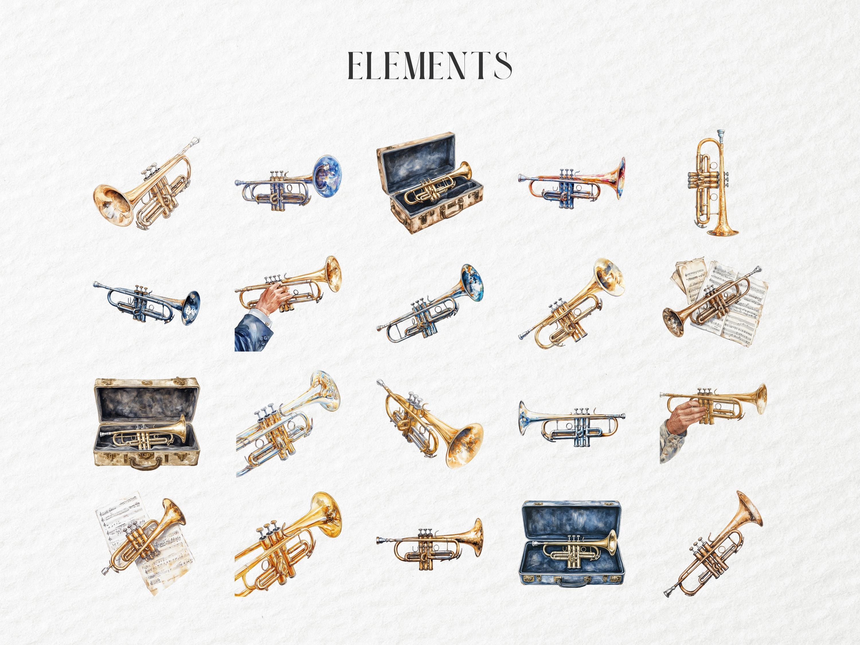Watercolor Trumpet Clipart, Brass Wind Instruments, Jazz Ensemble ...