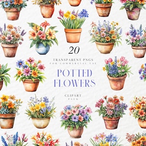 Peut inclure: Illustration à l'aquarelle de 20 fleurs en pot de différentes couleurs, dont orange, jaune, bleu et violet. Les fleurs sont dans des pots en terre cuite. Le texte indique "20 PNG transparents pour usage commercial. Pack de cliparts de fleurs en pot."