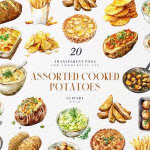 Op de afbeelding: Waterverfillustratie van diverse gekookte aardappelen, waaronder gebakken aardappelen, friet en aardappelsalade. De afbeelding bevat de tekst "20 Transparante PNG's voor commercieel gebruik" en "Assortiment gekookte aardappelen Clipart Pack."