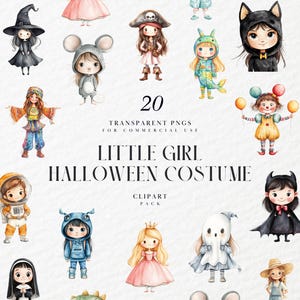 水彩画風の小さな女の子のハロウィンコスチュームのクリップアート、愛らしい子供たち、かわいい子供のドレスアップパーティーの面白いイラスト、透明なPNG画像、商用利用可