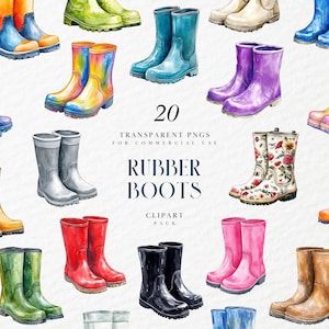 Watercolor Rubber Boots Clipart, Colorful Wellington Rain Shoes, Garden Outdoor Footwear, Gumboots, Transparent PNG Graphics, Commercial Use